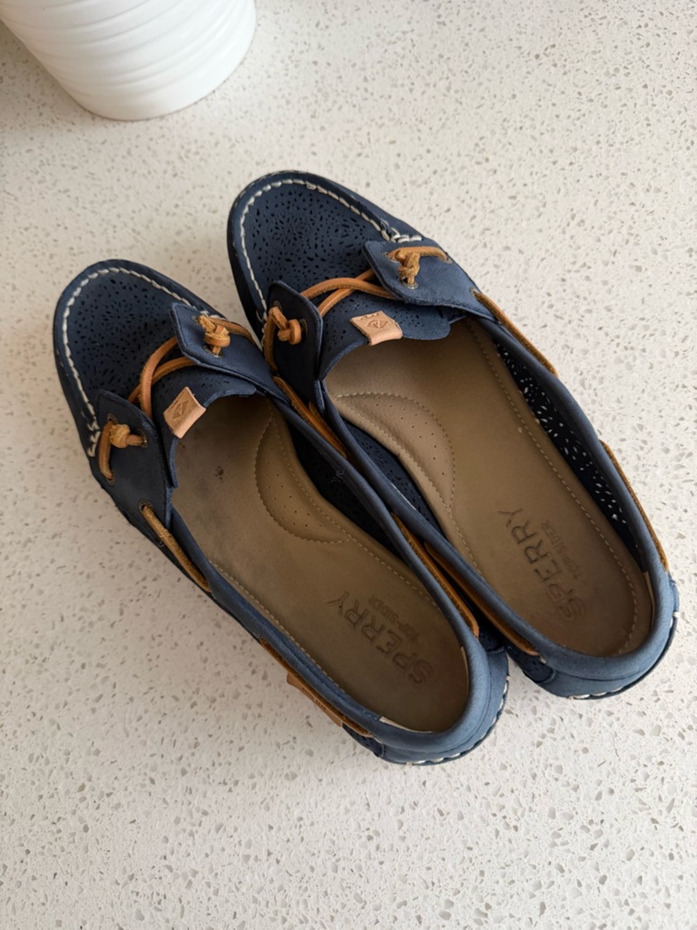 Sperry Navy Perforated Leather Moccasin with Tan Laces
